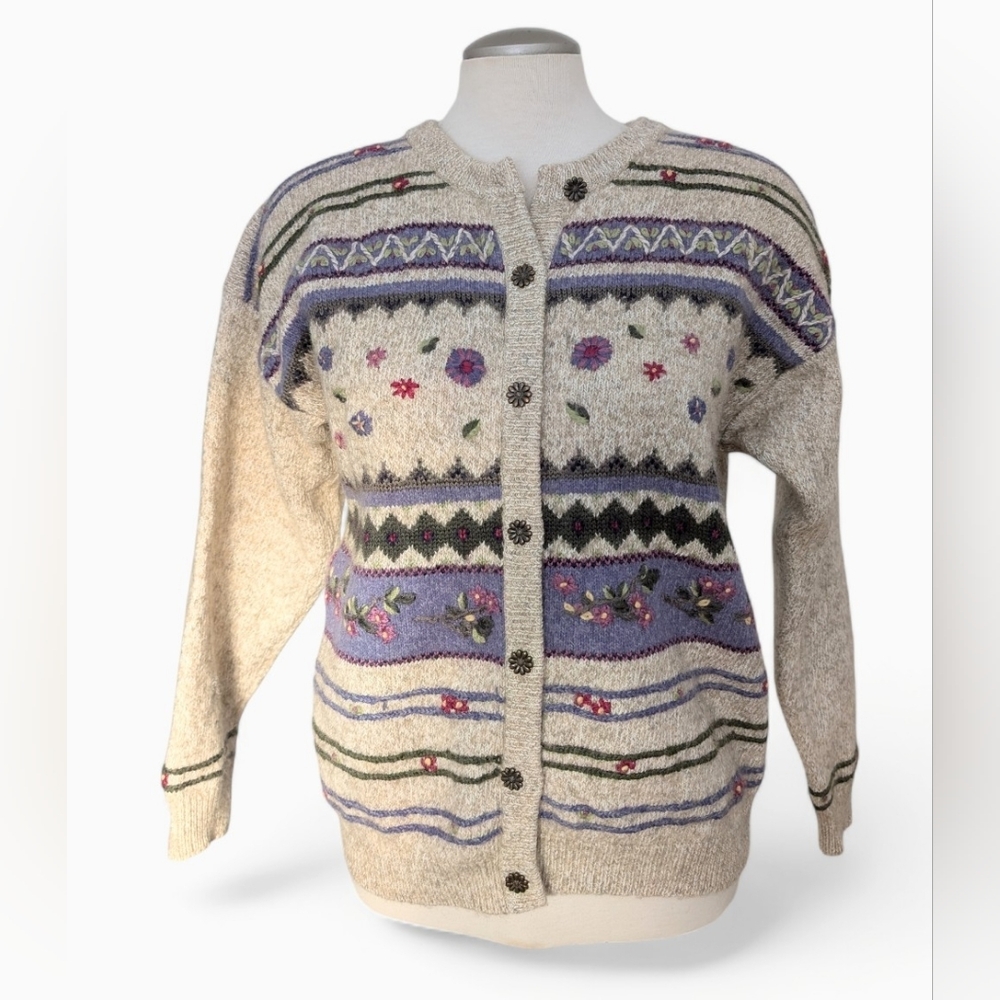 Northern Reflections Women's Vintage Wool Blend Sz Large Cardigan Floral Details